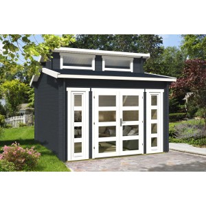 Carlsson Gartenhaus Vinea-40 mit Pultdach, unbehandelt, mit Fenstern und grauer Fassade.
