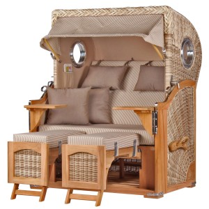 Komplettset: Strandkorb Ammersee Teak mit Bullauge, PE Shell Geflecht, ausziehbaren Fußstützen und Bistrotischen.