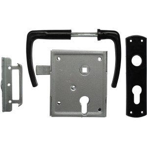 Universal-Kastenschloss für Profilzylinder mit hebender Falle und schwarzer Kunststoffgarnitur.