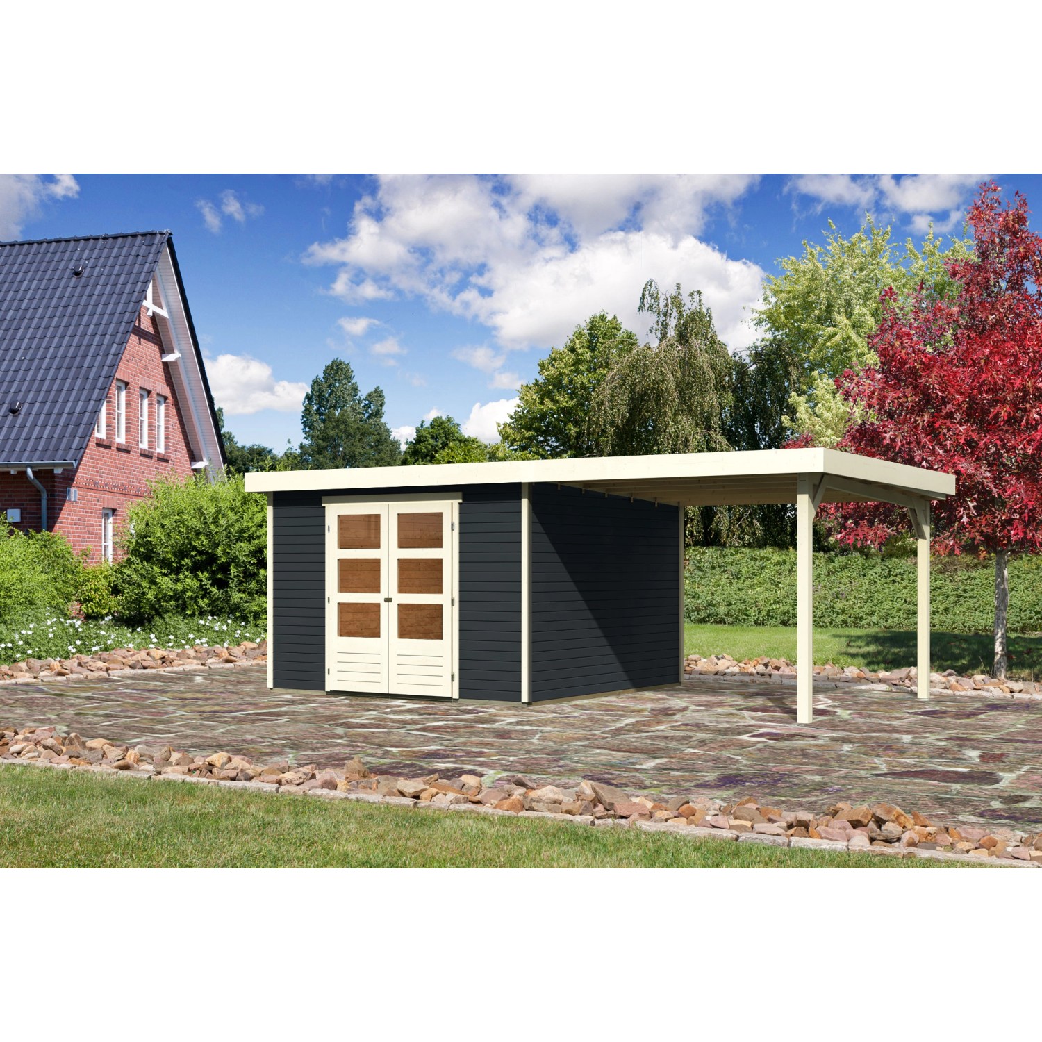 Karibu Gartenhaus Boras 6 Anthrazit 557 cm x 306 cm mit Anbaudach günstig online kaufen