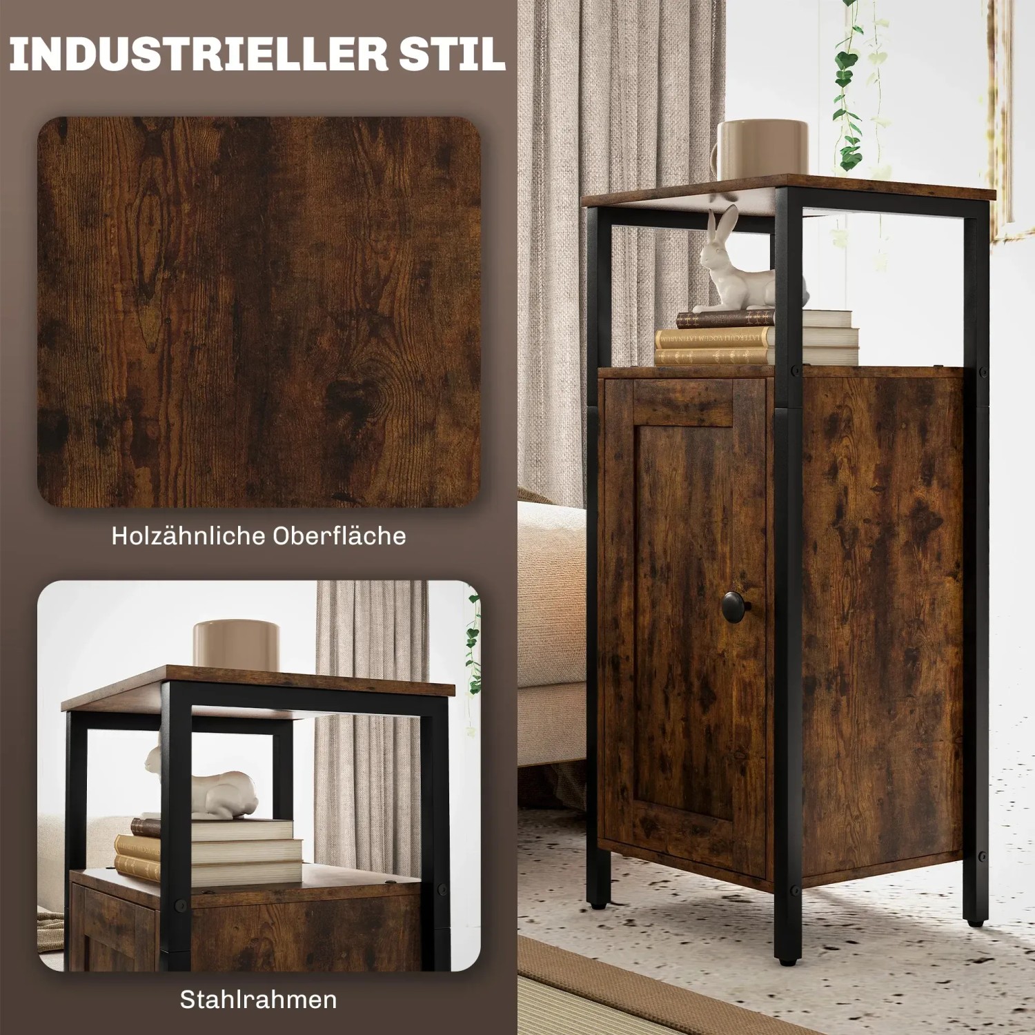 HOMCOM Beistelltisch im rustikalen Braun mit Stahlrahmen und Holzoptik. Wohnzimmertisch mit Tür und Regal.