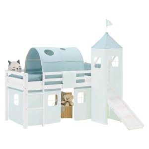 Weißes Kinder Hochbett 90x200 aus Kiefernholz mit Rutsche, mintgrünem Tunnel, Turm und Vorhängen. Abenteuerbett.