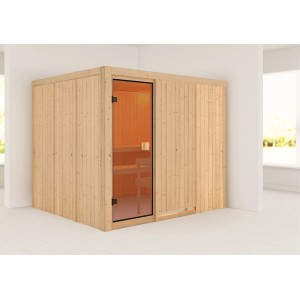 Karibu Sauna Nybro mit bronzierter Glastür, Fronteinstieg. Massivholzsauna für entspannende Momente.