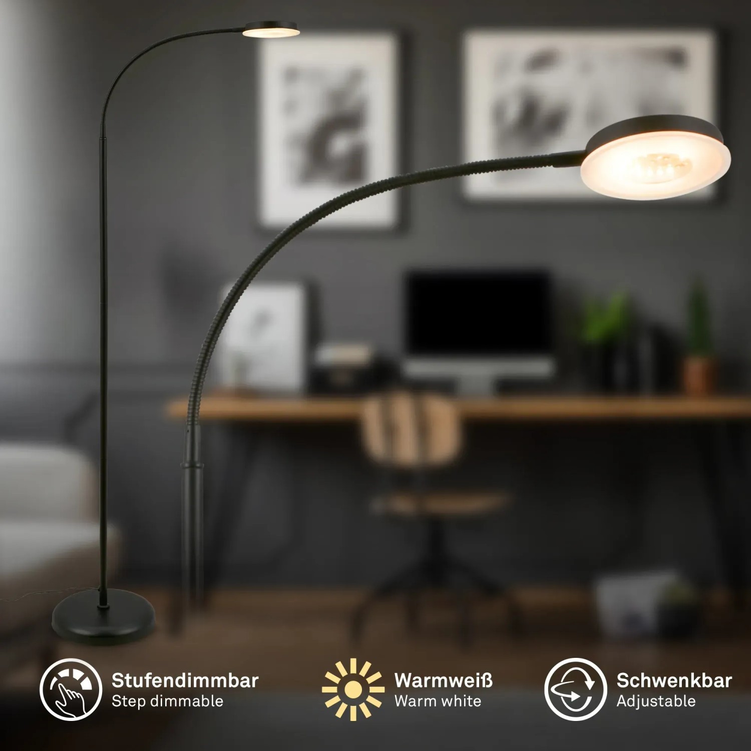 Schwarze, dimmbare Brilo LED-Stehleuchte Megg mit schwenkbarem Kopf, 150 cm hoch.