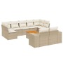 Beige 10-tlg. Garten-Sofagarnitur aus Rattan mit cremeweißen Kissen und Tisch.