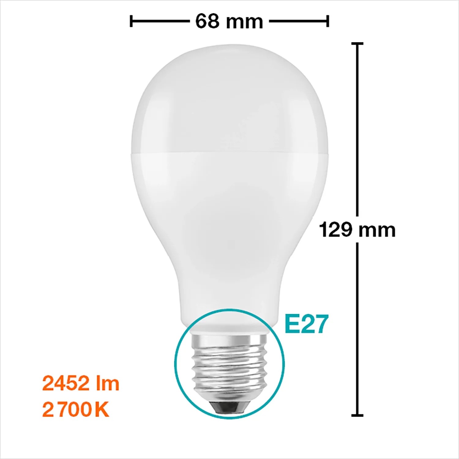 Osram LED-Lampe E27 in Glühlampenform, 19W, mit Maßangaben (12,9x6,8cm)