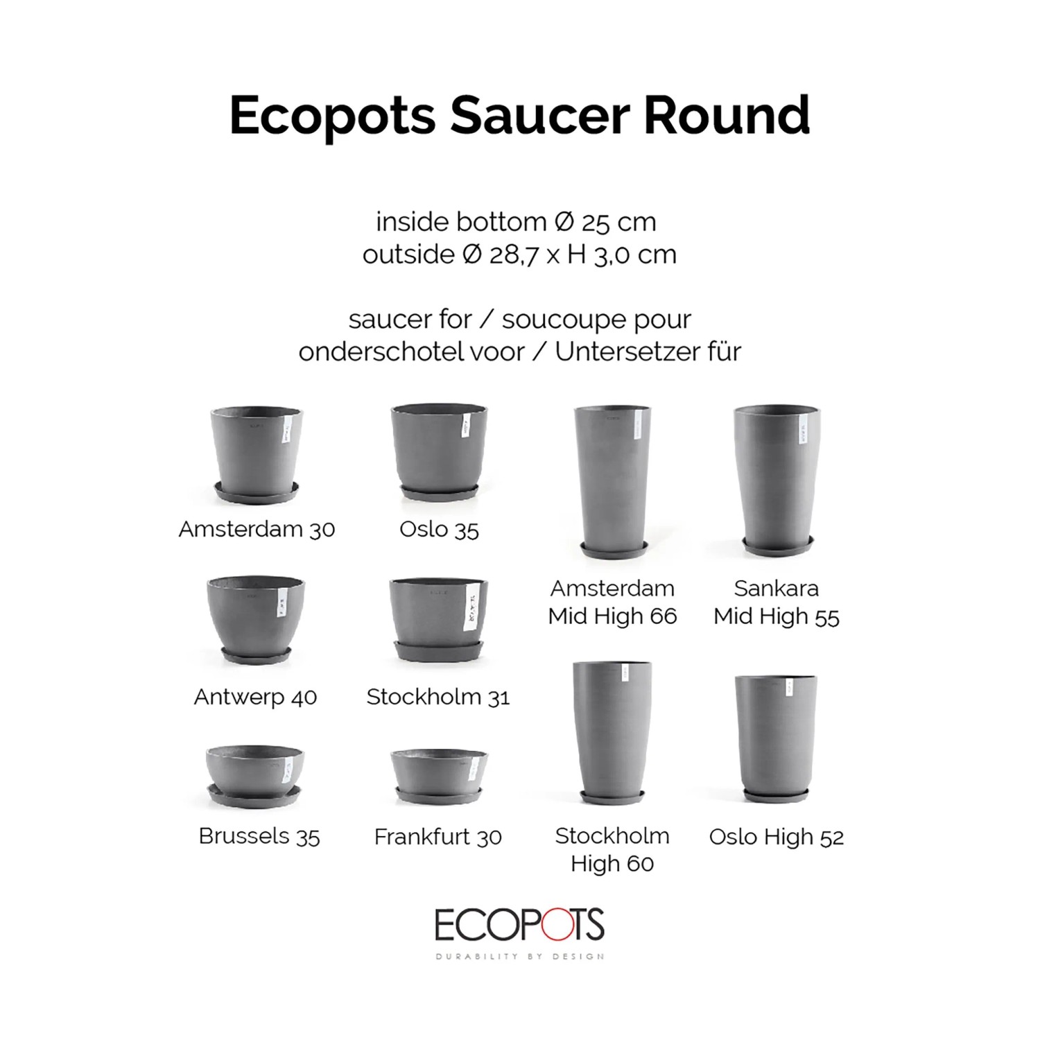 Ecopots Untersetzer Amsterdam, Ø 29cm, grau. Geeignet für Ecopots Pflanzgefäße, schützt Oberflächen.