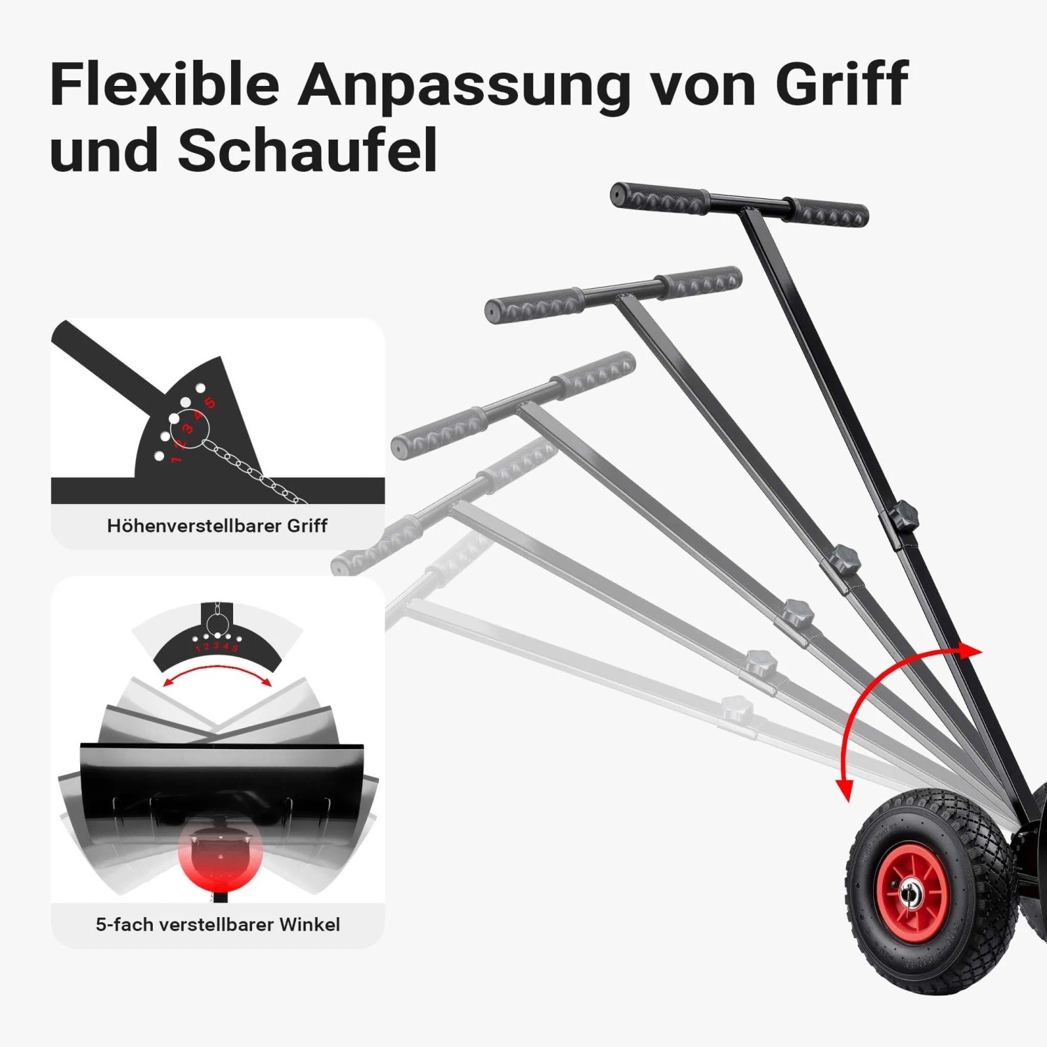 Wiltec Schneeschieber mit Rädern: Höhenverstellbarer Griff und 5-fach einstellbare Schaufel für effiziente Schneeräumung.