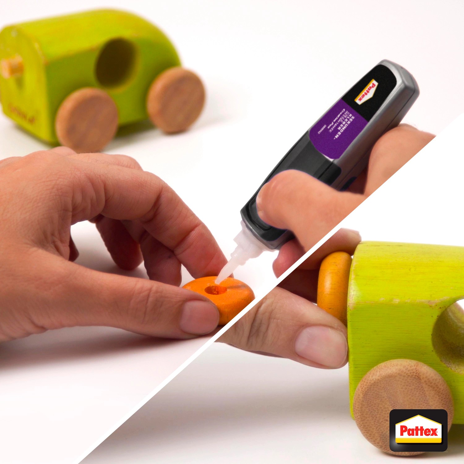 Anwendung des Pattex Sekundenkleber Creative Pen zum Kleben eines Holzspielzeugs.