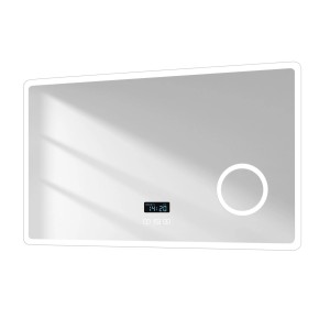 Emke Badspiegel 100x60cm mit LED, Bluetooth, 3-fach Vergrößerung und digitaler Anzeige.