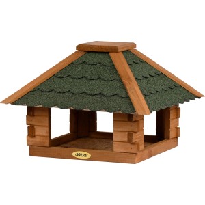 Dobar Vogelfutterhaus Blockhaus aus braunem Kiefernholz mit grünem Bitumendach, viereckig.