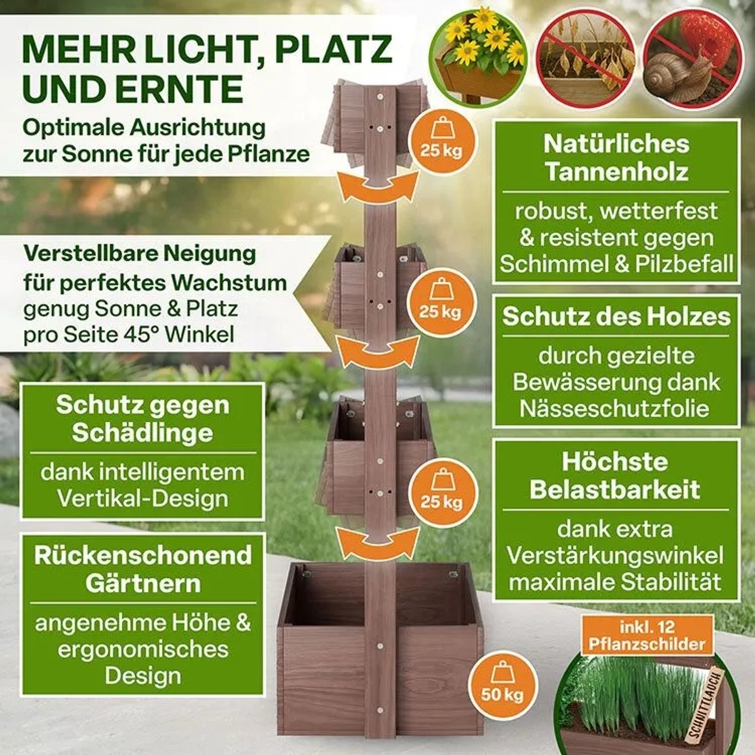 TTL Garden Hochbeet mit 4 Etagen aus Holz, braun, für Balkon und Terrasse. Vertikalbeet für platzsparendes Gärtnern.