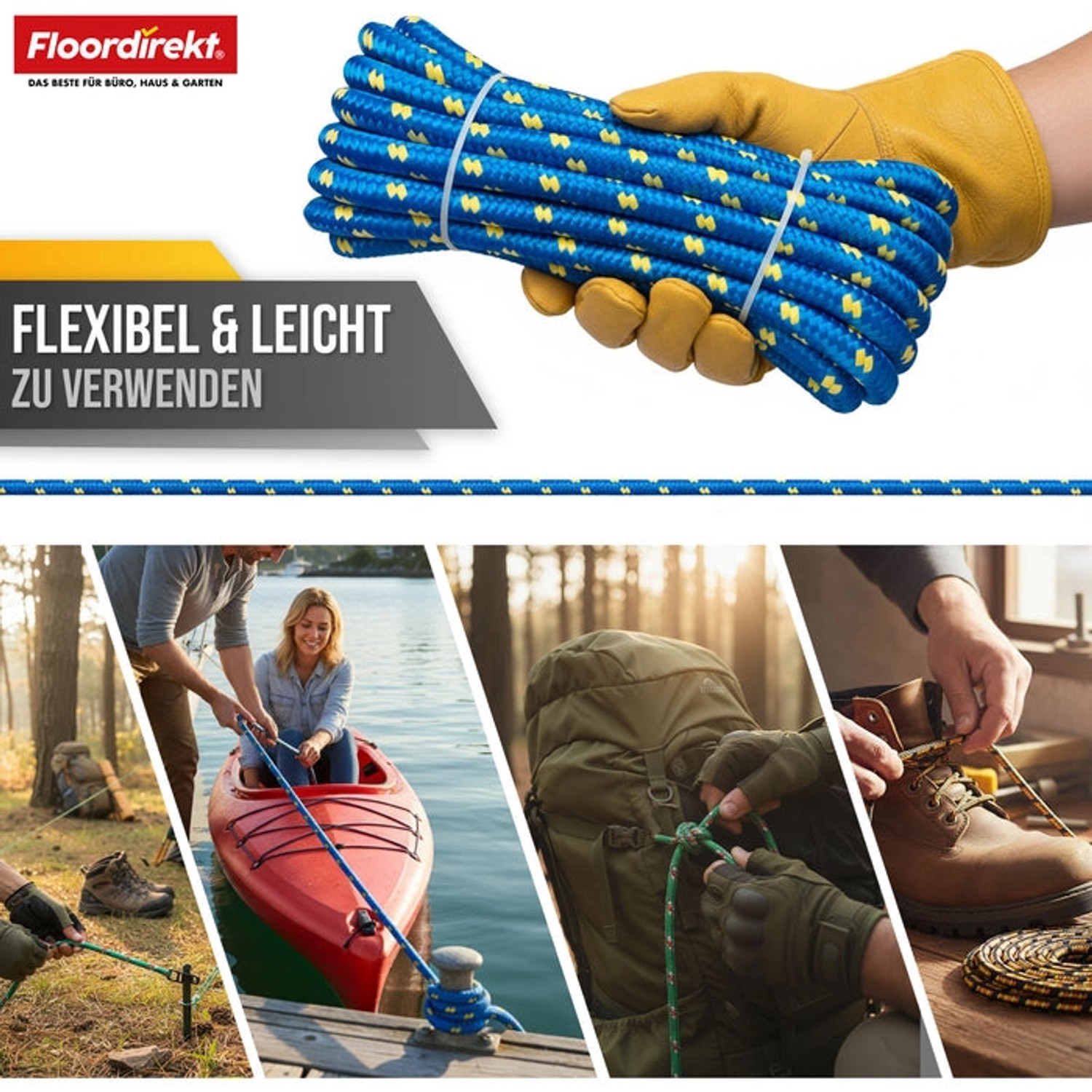 Floordirekt Polypropylen Seil K2 Reißfest Universal Blau-Gelb Ø 14 mm Länge 50 m_3