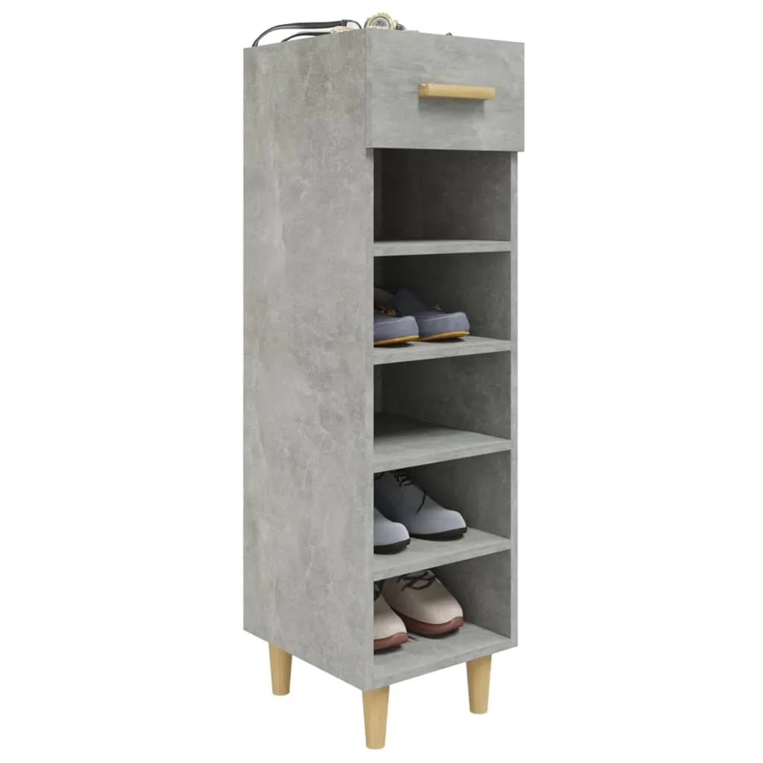 Schmaler Schuhschrank in Betongrau aus Holzwerkstoff mit Schublade, offenen Ablagen und Holzfüßen.