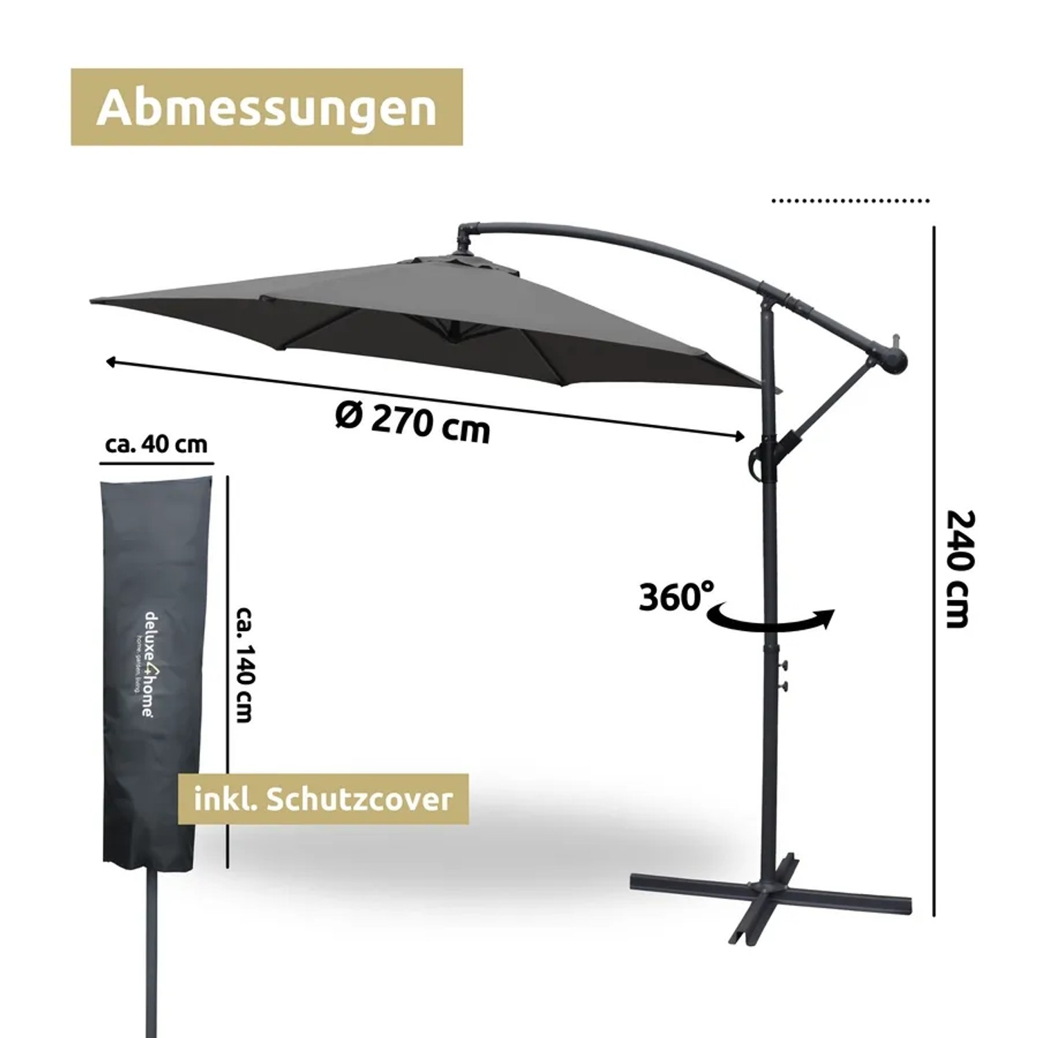 deluxe4home Ampelschirm anthrazit, 270cm Durchmesser, mit Ständer und Schutzhülle.
