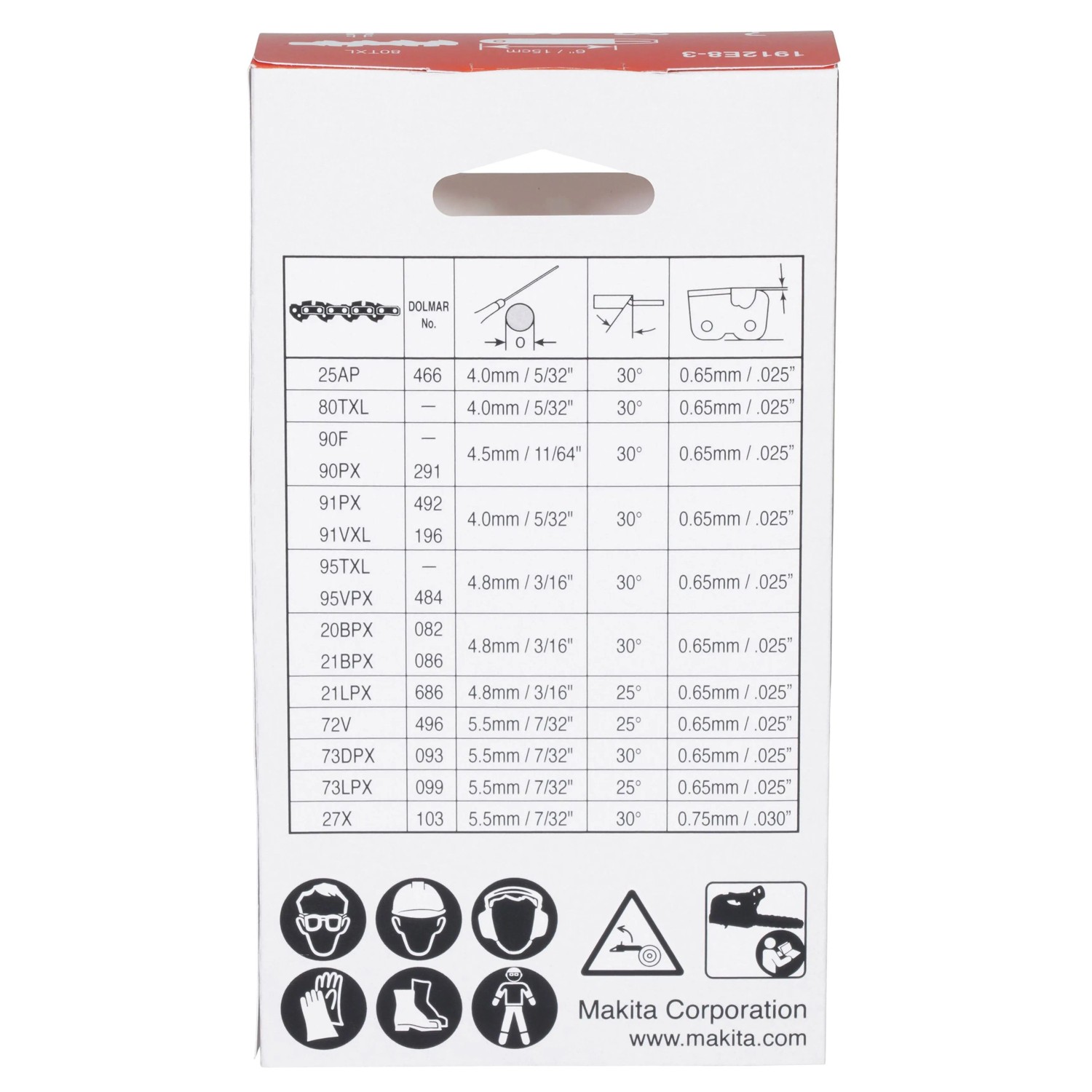 Verpackung der Makita Sägekette 80TXL für Kettensägenzubehör mit technischen Daten.