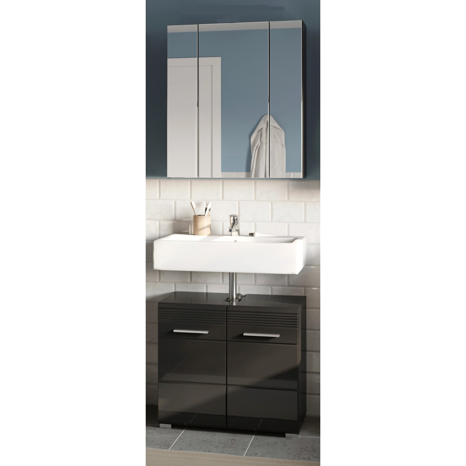 Inn.Furn Badmöbel-Set Schwarz Hochglanz 2-teilig 60 cm mit 11 Fächern Leon günstig online kaufen