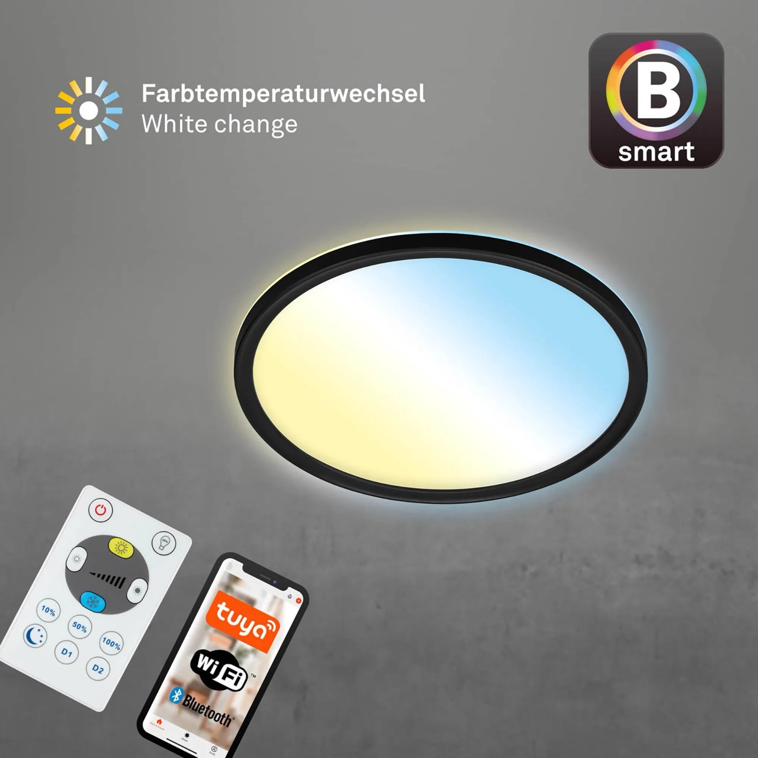 Schwarze Brilo WiFi LED Deckenleuchte Slim Smart mit Farbwechsel, App- und Sprachsteuerung.