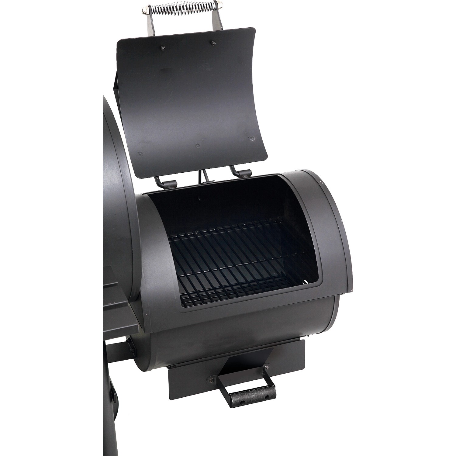 Detailansicht des schwarzen tepro Smoker Milwaukee Holzkohlegrills mit geöffnetem Deckel.