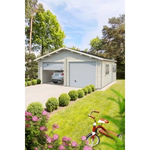 Palmako Holzgarage Roger mit Sektionaltor, naturbelassene Doppelgarage mit Auto.