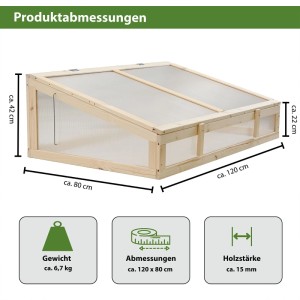 TRUTZHOLM Frühbeetaufsatz aus Naturholz 120x80cm mit Polycarbonat-Dach. Maße: 120x80cm, H 22-42cm. Gartenhilfsmittel.