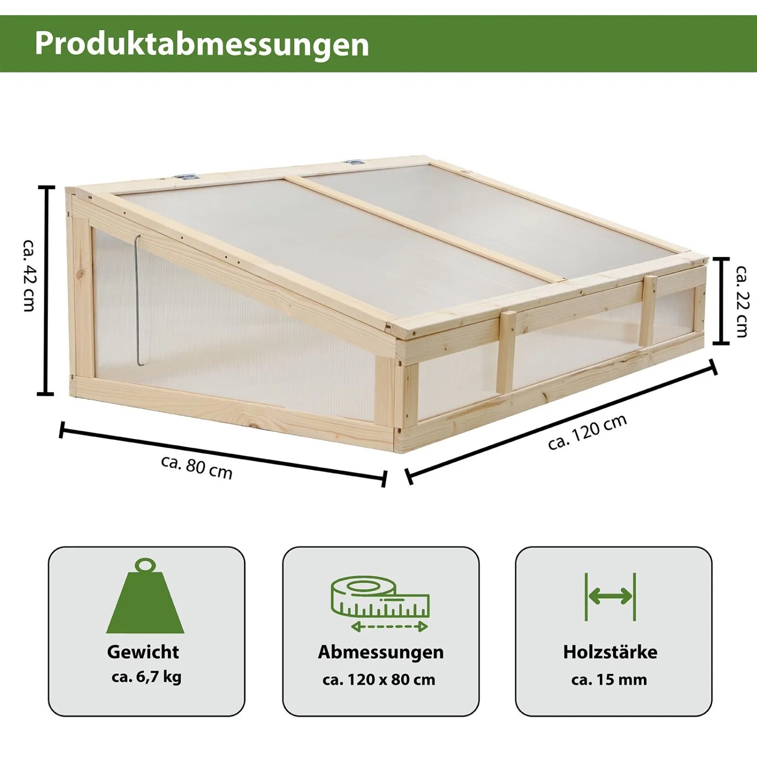 TRUTZHOLM Frühbeetaufsatz aus Naturholz 120x80cm mit Polycarbonat-Dach. Maße: 120x80cm, H 22-42cm. Gartenhilfsmittel.