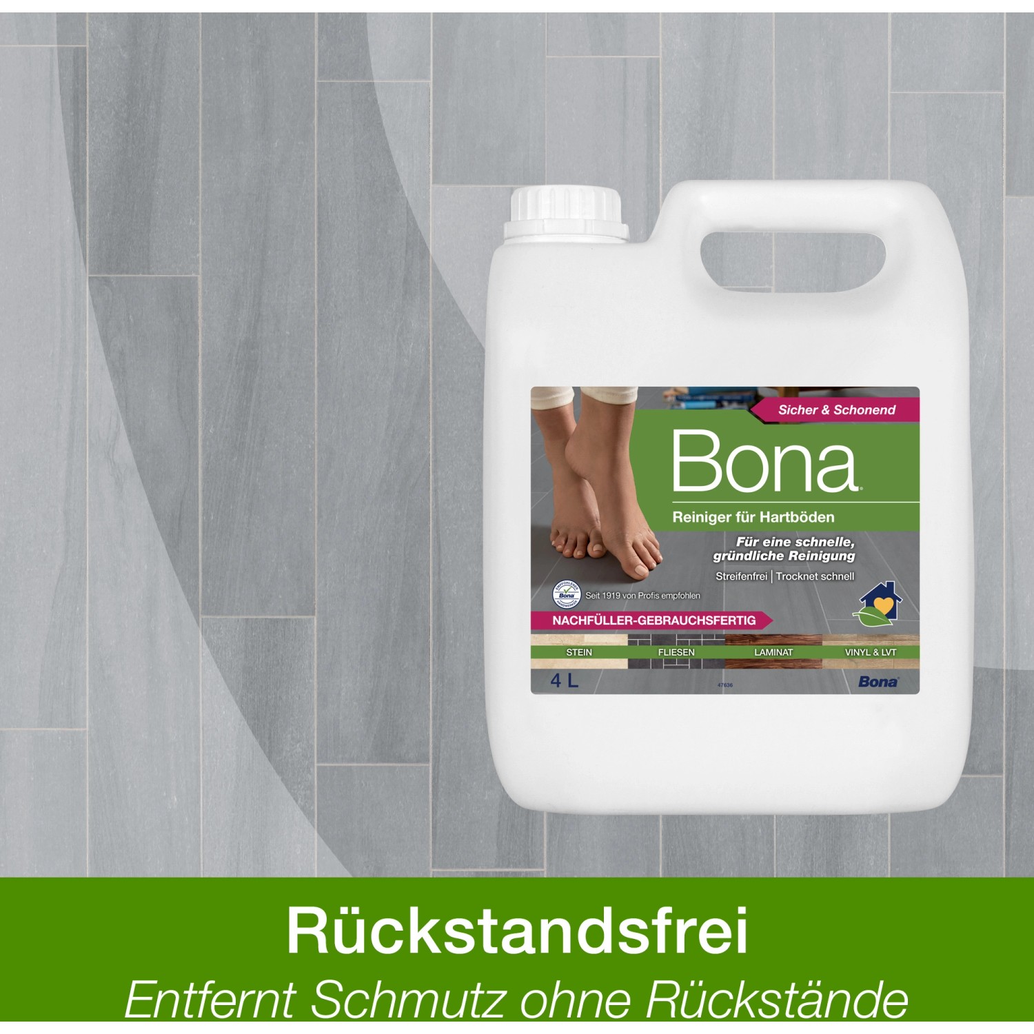 Bona Reiniger Nachfüllkanister 4L für Stein, Fliesen & Laminat. Reinigt streifenfrei Hartböden.