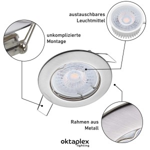 Oktaplex 12er Set Einbaustrahler Sedan Stufenlos Dimmbar Neutralweiß 4000K 370lm Gebürstete Edelstahloptik Deckenspot
