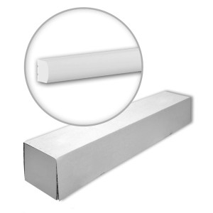 Verpackung der weißen PROFHOME Wandleisten (10 Stück, 20 m) mit Detailansicht der Friesleiste.