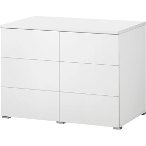 Weißer Eheim Aquarium-Unterschrank Proxima 250 FSC® mit sechs grifflosen Türen.