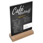 Glasklarer Acryl Tischaufsteller DIN A4 Hochformat mit stabilem Eichenholzfuß, für Menü- und Infokarten.