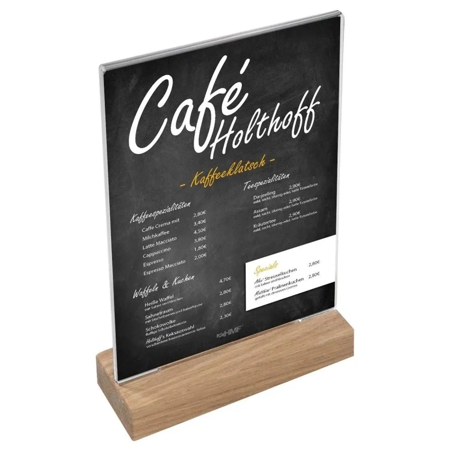 Glasklarer Acryl Tischaufsteller DIN A4 Hochformat mit stabilem Eichenholzfuß, für Menü- und Infokarten.
