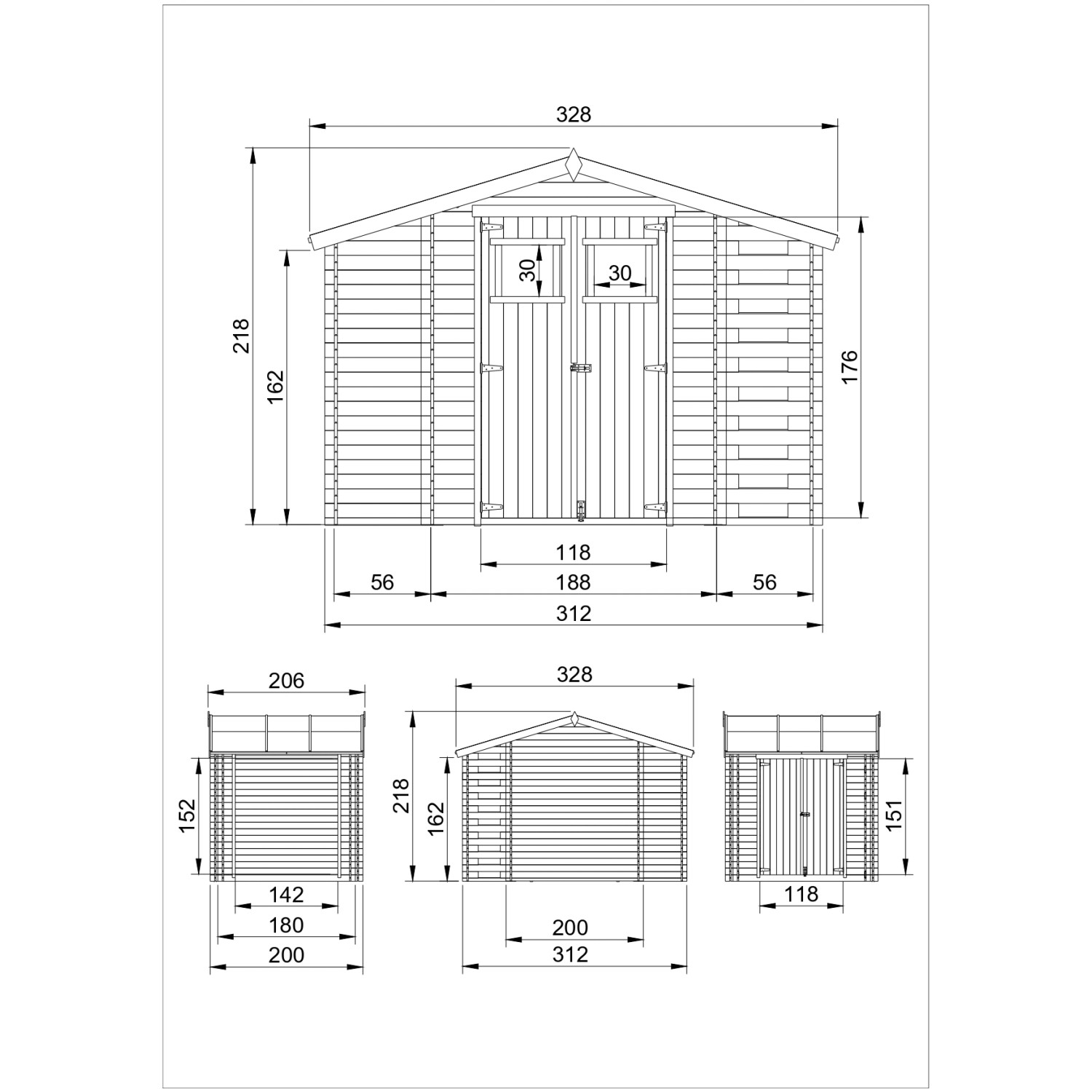 Technische Zeichnung: Timbela Holz-Gartenhaus M389+M389G mit Maßen und Ansichten.