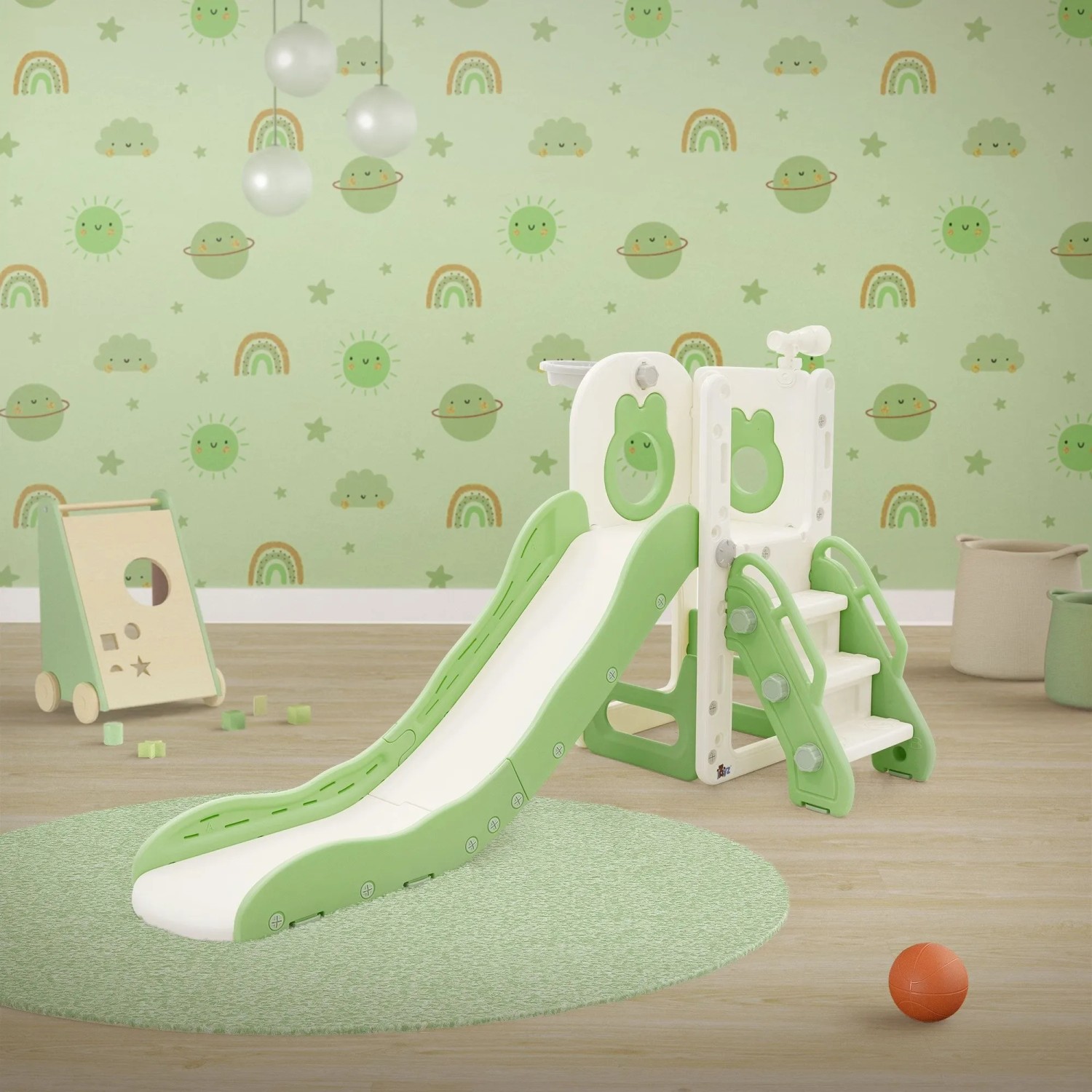 Grüne Joyz 3in1 Kinderrutsche mit Spielturm und Basketballkorb aus Kunststoff.