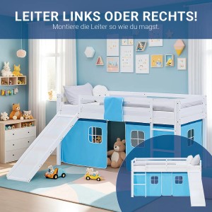 Homestyle4u Kinder Hochbett mit Rutsche, Vorhang blau, 90x200 cm im Kinderzimmer.