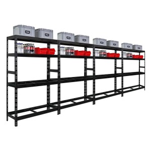 PROREGAL Mega Deal: 4 schwarze Reifenregale mit je 2 Böden, beladen mit Boxen und Behältern.