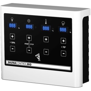 Karibu Steuergerät Easy Bio für Saunaöfen (9 kW) mit digitaler Anzeige zur Steuerung von Temperatur und Luftfeuchtigkeit.