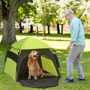 Grünes PawHut Haustierzelt mit Golden Retriever und Mann im Garten. Hundehütte für Outdoor & Camping.