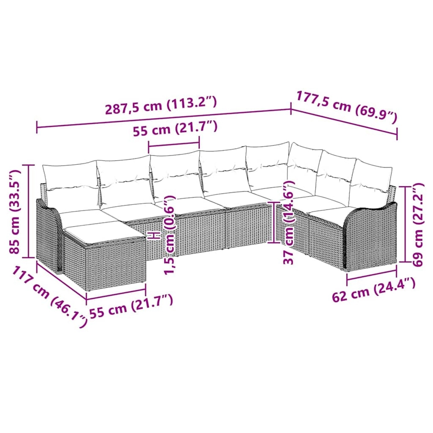 Graues 9-teiliges Garten-Sofa-Set aus Polyrattan mit Kissen, Maße eingezeichnet.