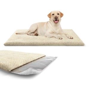 Knuffelwuff Thermo Hundematte L (75x50cm) in Beige mit Hund und Detailansicht des Innenkerns.