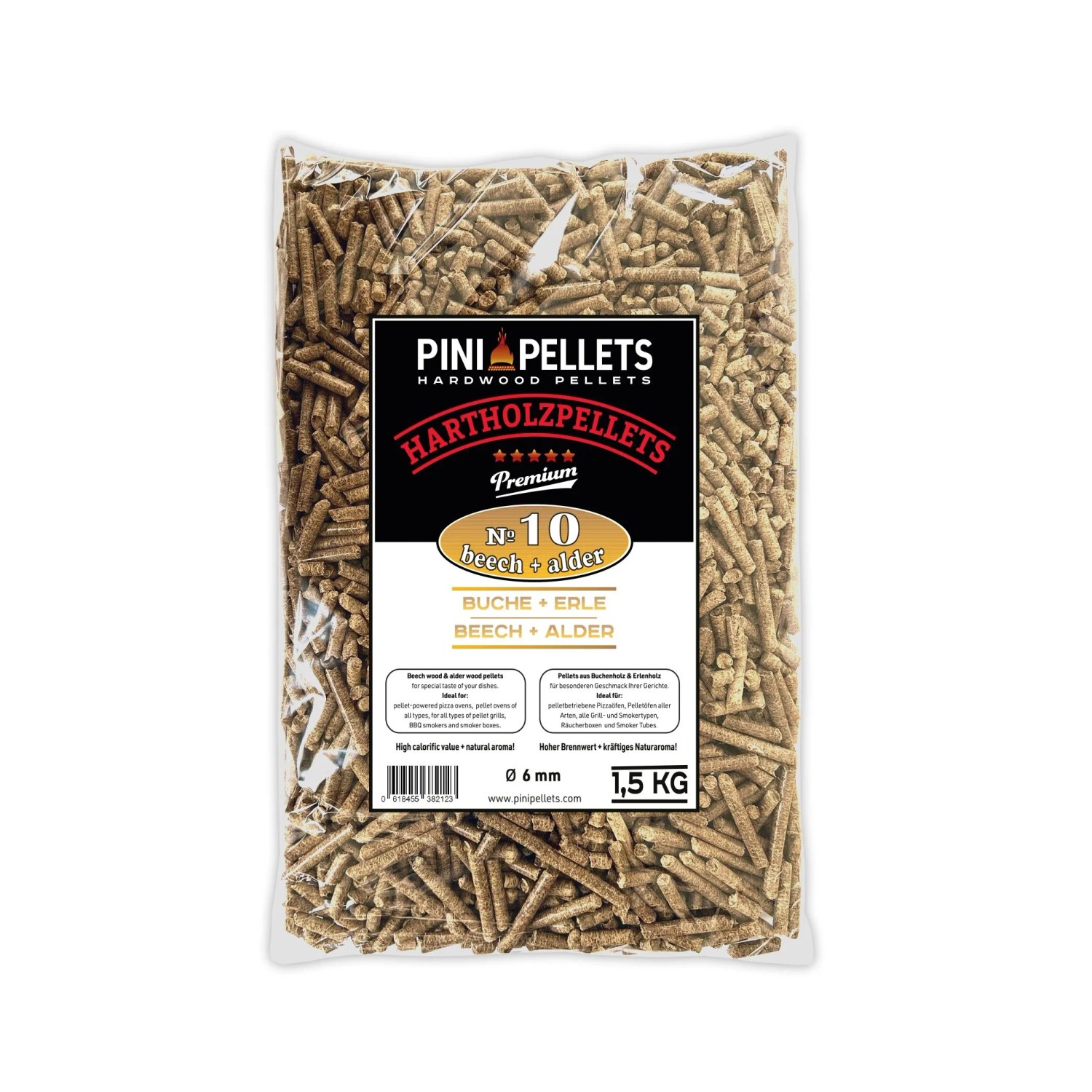 PINI Grillpellets 1,5 kg Buche Erle Mix № 10 BBQ Hartholzpellets zum Grillen Räuchern Smoken