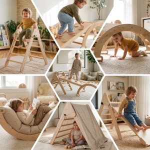 Relaxdays Kletterdreieck Holz Natur 3-in-1 mit Kletterbogen und Rampe 59,5 cm x 45 cm x 82,5 cm 8 kg