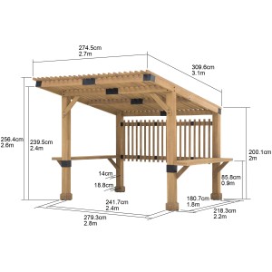 Braun Sunjoy Pergola Krone Whirlpool, 309x274 cm, mit Maßen und Details für den Aufbau.
