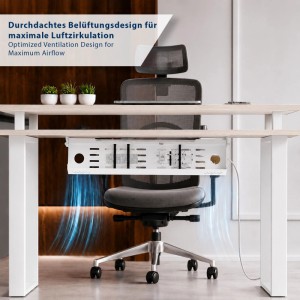 Weiße SOTECH CAVO Kabelwanne horizontal unter Schreibtisch montiert, mit Lüftungsschlitzen für effizientes Kabelmanagement.