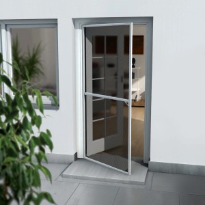 Weißer Insektenschutzrahmen für eine Tür, flexibel teleskopierbar von 100x210cm.