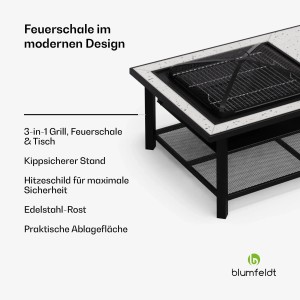 Blumfeldt Merano Avanzato L: Weiße 3-in-1 Feuerschale mit Grillrost und Tischfunktion, 122x87 cm.