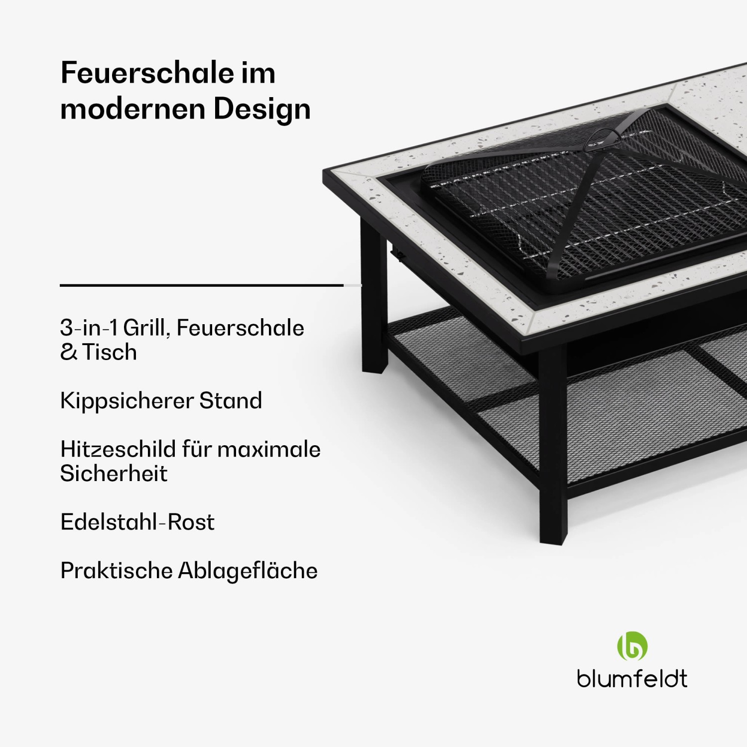 Blumfeldt Merano Avanzato L: Weiße 3-in-1 Feuerschale mit Grillrost und Tischfunktion, 122x87 cm.