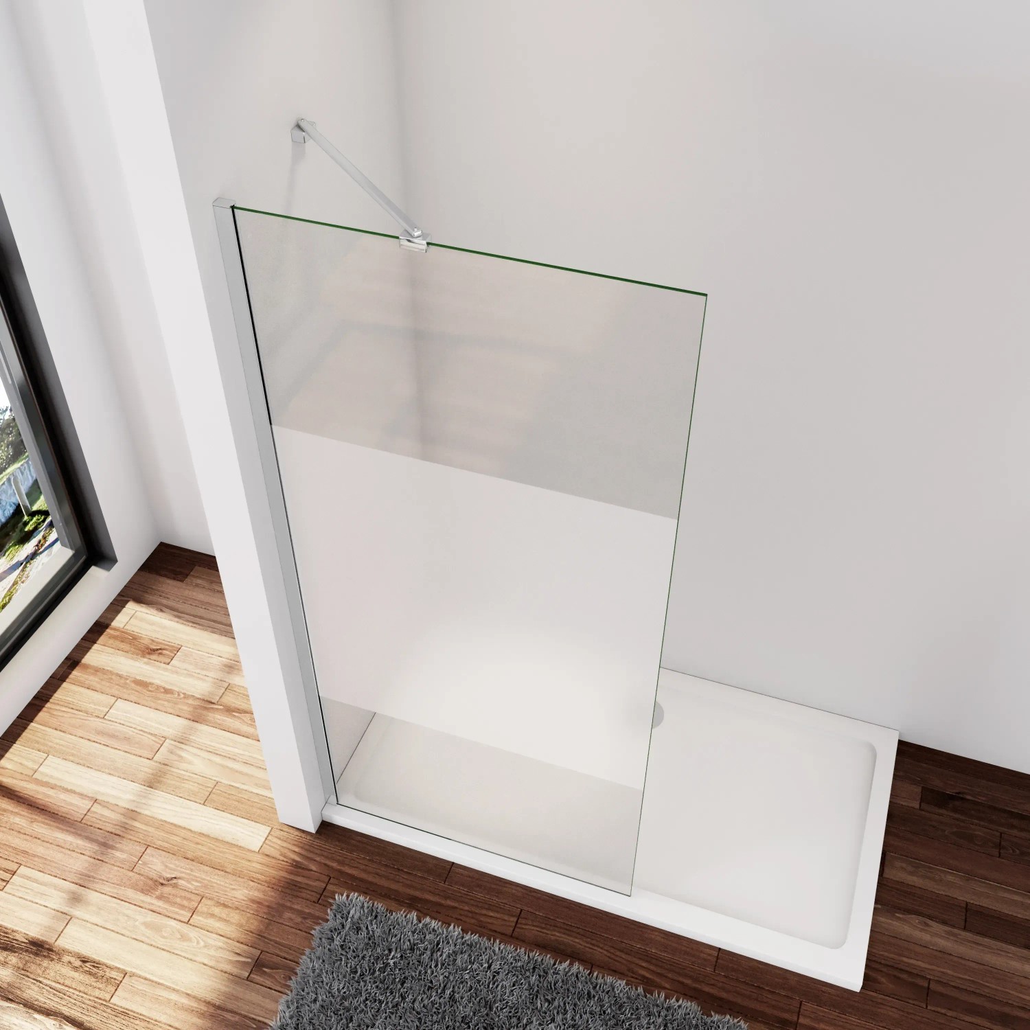 AICA Walk-In Duschwand mit Milchglasstreifen und Stabilisator, 70x200 cm.