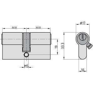Technische Zeichnung Basi Bau-Zylinder G101, 30/35 mm, Profil-Doppelzylinder mit Maßen.
