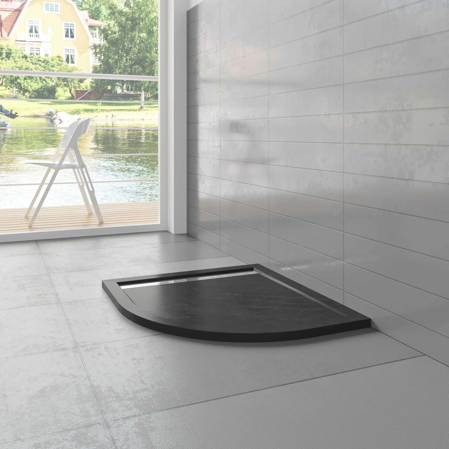 Schwarze AICA Viertelkreis-Duschwanne 80x80 cm mit Stein-Effekt und Ablaufgarnitur.